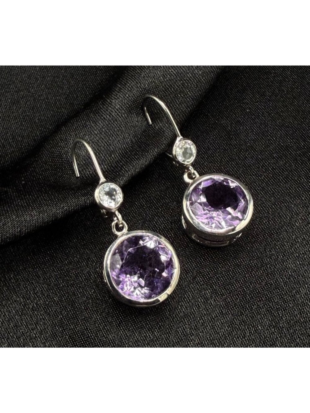 925 Sterling Silver Amethyst & Clear Stone Dangle Earrings